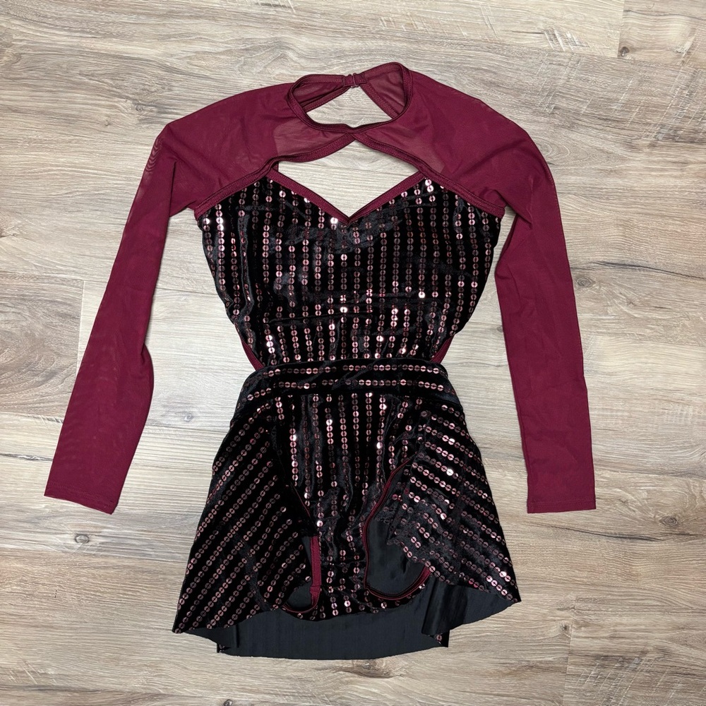 Weissman Burgundy and Black Sequin Dance Costume size MC